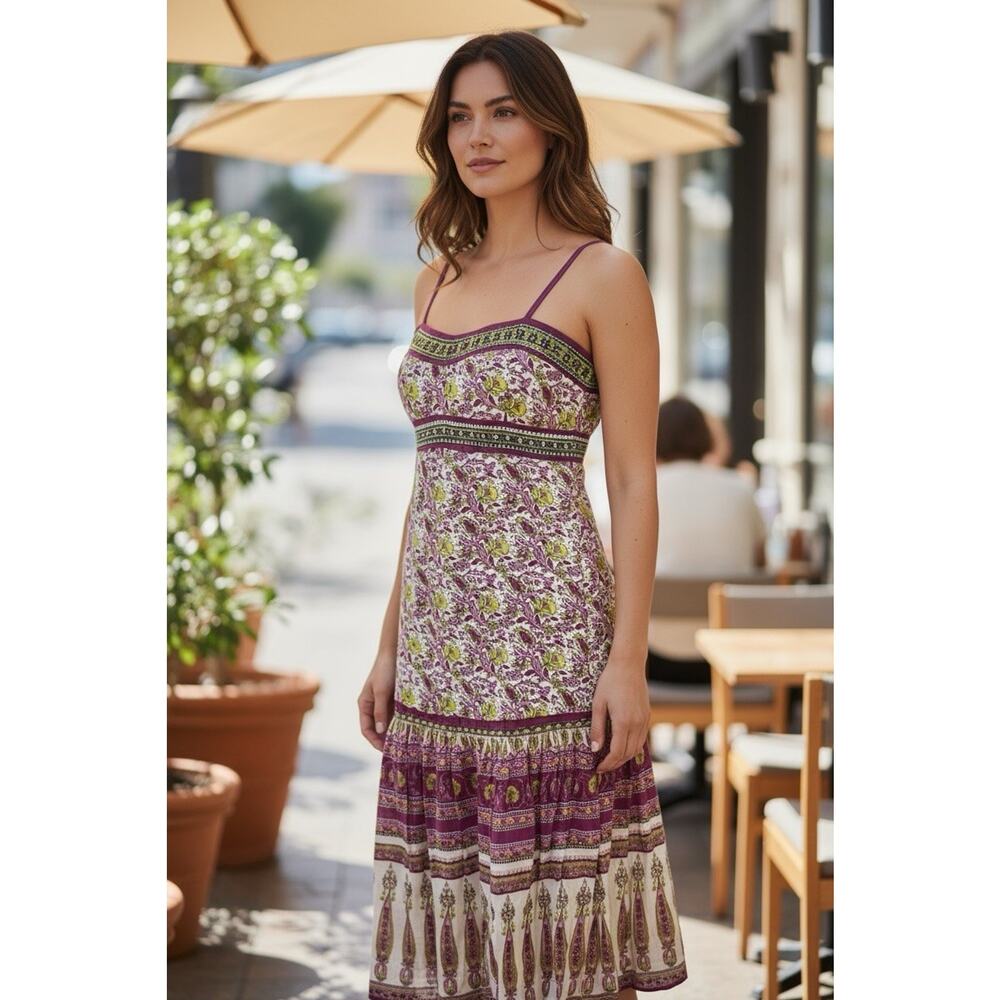 Anthropologie Chaudry Raga Madi Dress Floral Spring Print Beaded Medium Purple